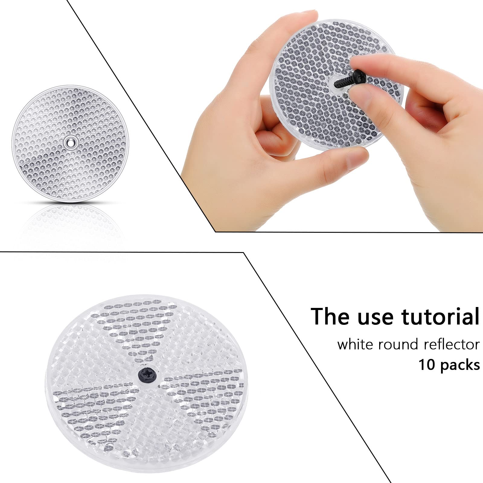 10 Pack Front Reflector Round Reflector For Driveway Fence Gate Posts Trailers Safety Reflectors Automobiles Boats Mailboxes Reflector With Center Mounting Hole (White)