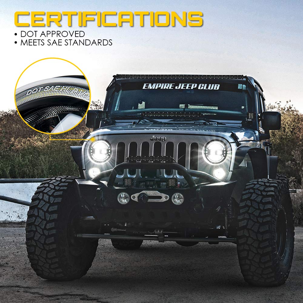 Xprite 7'' Led Round Headlights Compatible With 1997-2018 Jeep Wrangler Jk Jku Lj Cj Tj Hummer H1 H2, Halo Ring Headlamps Dot Ap