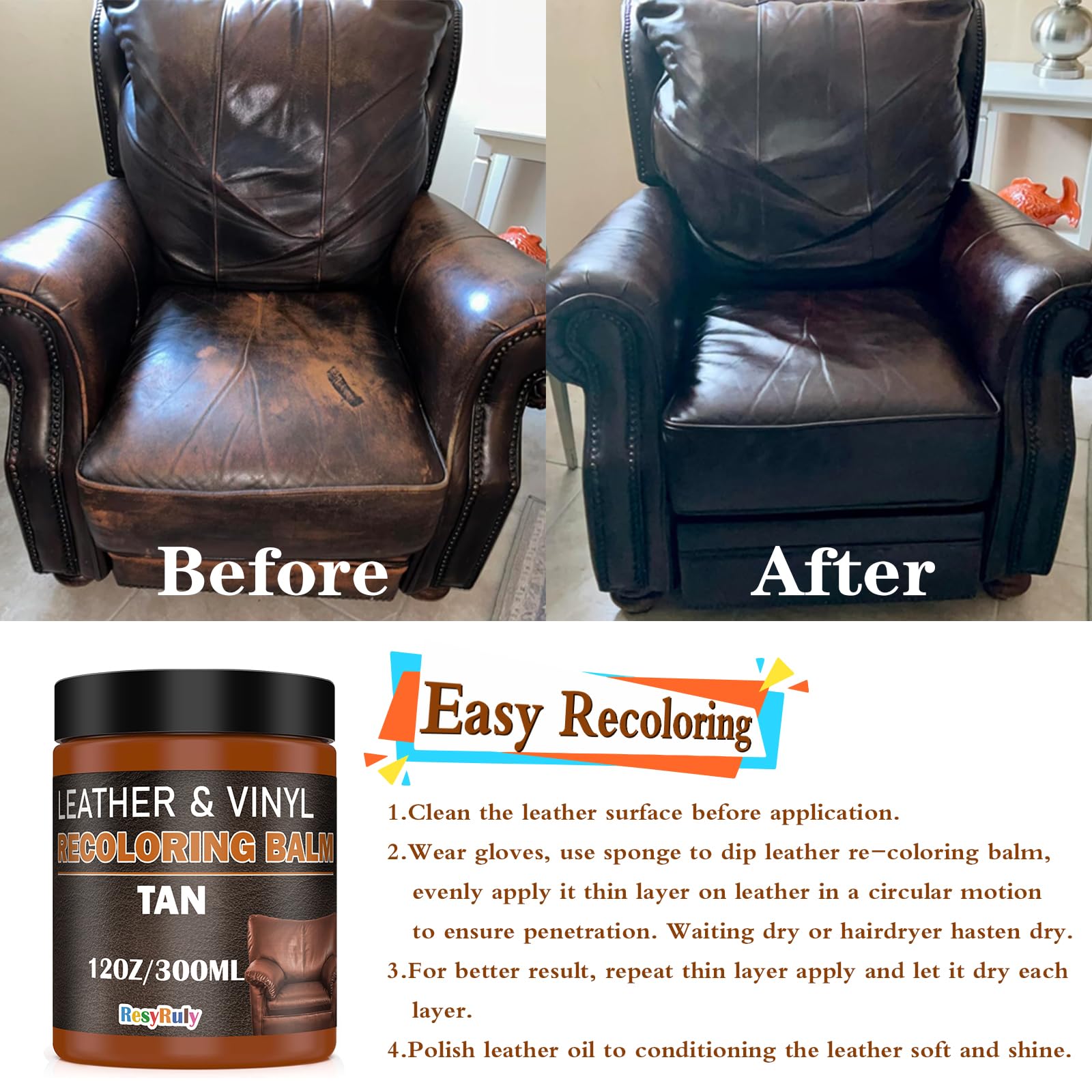 Saddle Tan Leather Dye Light Brown Recoloring Balm Repair Kit Vinyl Car Seat Interior Paint Furniture Couch Recliner Chair Boot