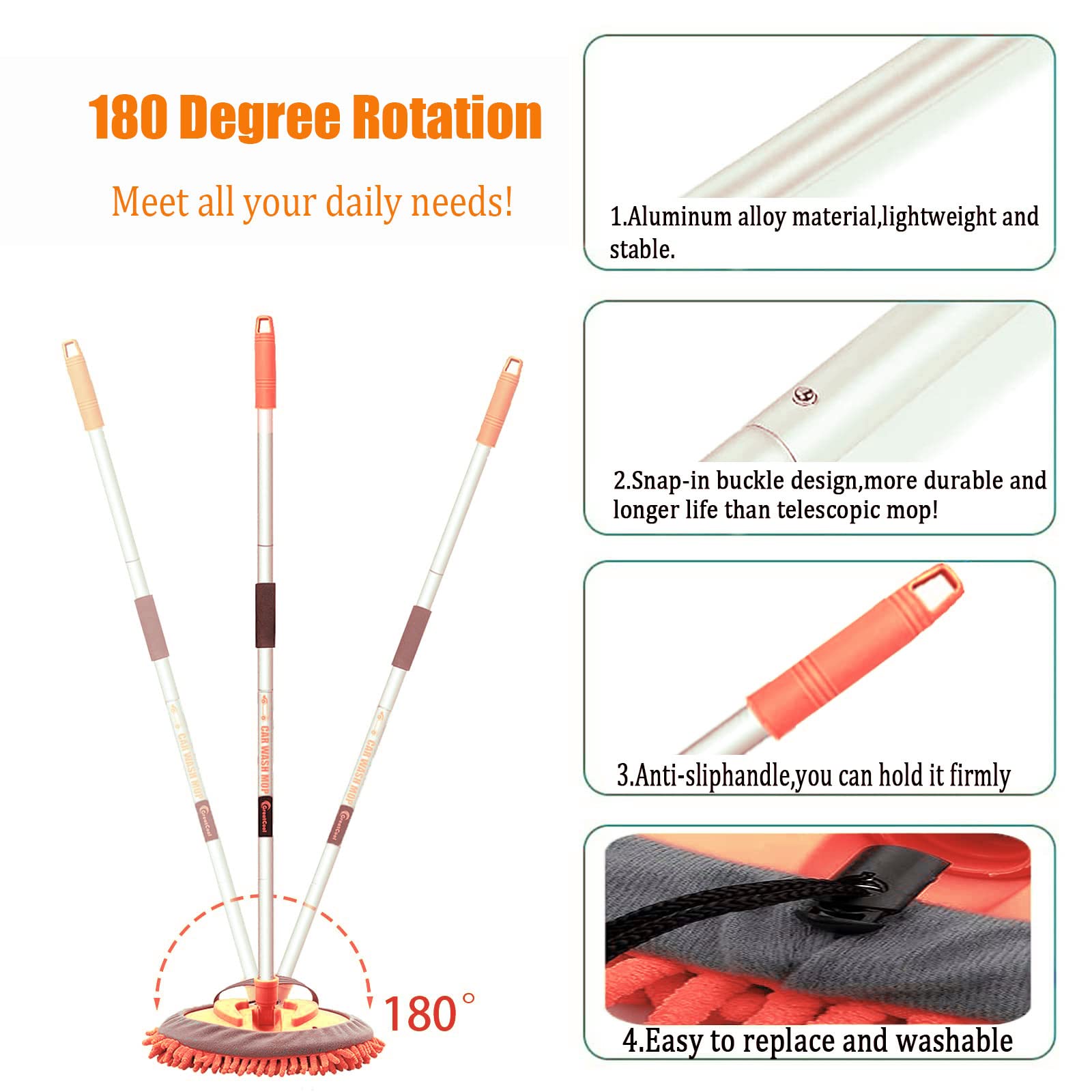 Greatcool 62'' Car Wash Brush Mop Kit With Long Handle, 2 In 1 Chenille Microfiber Sponge Mitt Cleaning Detailing Duster For Was