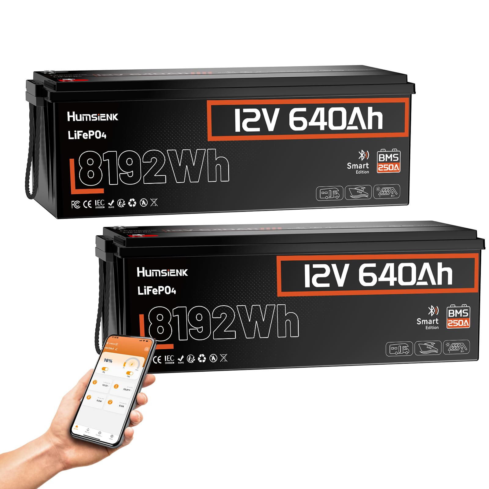 HumsiENK 12V 640Ah (2 Pack) LiFePO4 Lithium Battery Bluetooth, 250A BMS, 6000+ Cycles 600Ah+ LiFePO4 Battery, IP65 & Low Temp Pr