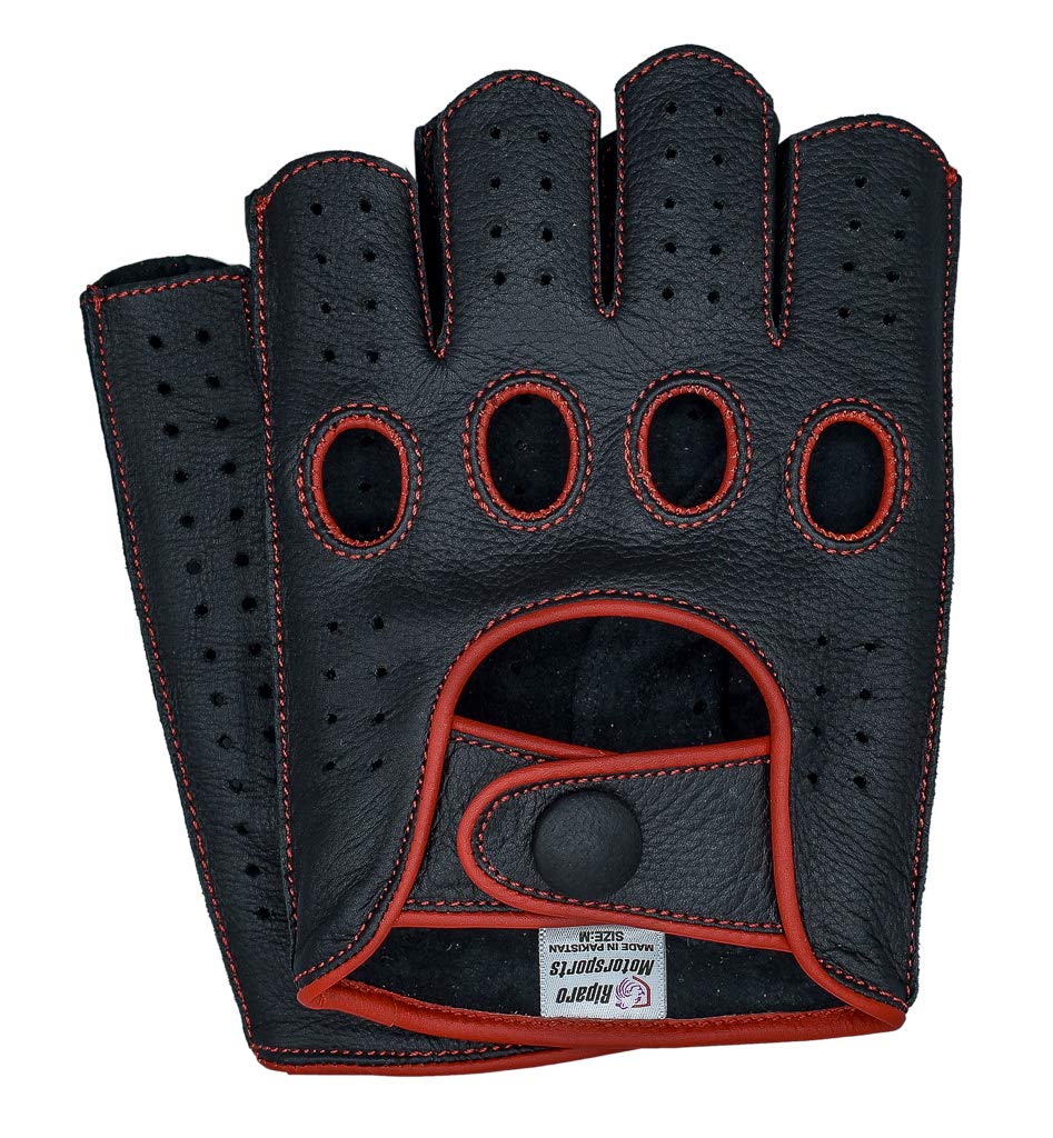 Riparo Mens Genuine Leather Reverse Stitched Half-Finger Driving Motorcycle Gloves (Medium, Black/Red)