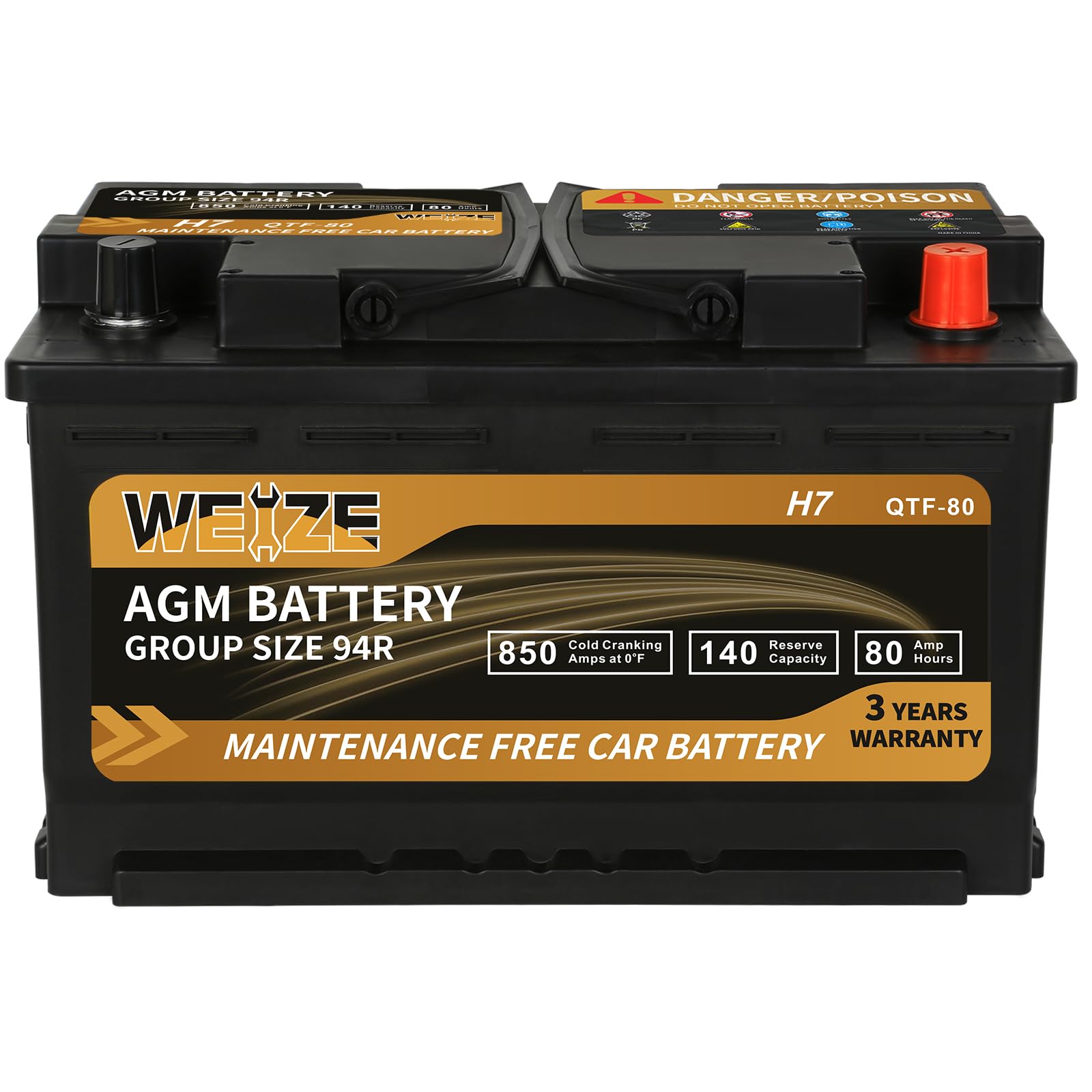 Weize Platinum Agm Battery Bci Group 94R - 12V 80Ah H7 Size 94R Automotive Battery, 140Rc, 850Cca, 36 Months Warranty, Dimension