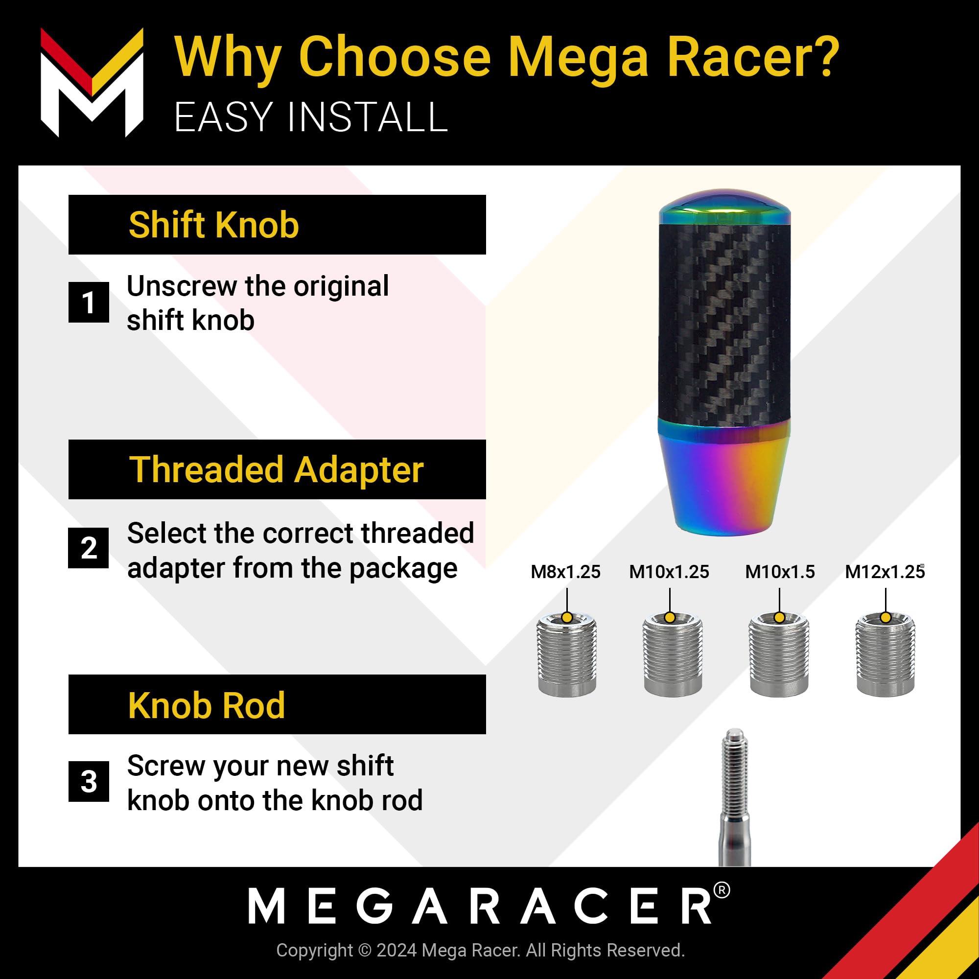 Mega Racer Neo Chrome Carbon Fiber Shift Knob | Buttonless Automatic Manual Shift Knobs | Car Gear Shifter | 6 Speed 4 5 Speed |