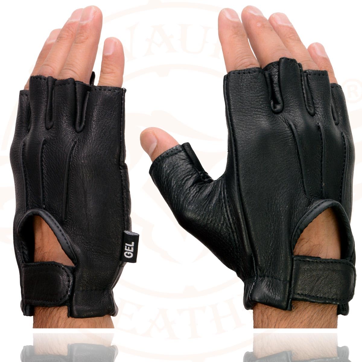 Shaf International SH878 Men's Black Leather Gel Padded Palm Fingerless Motorcycle Hand Gloves Welted Genuine USA Deerskin - XXX