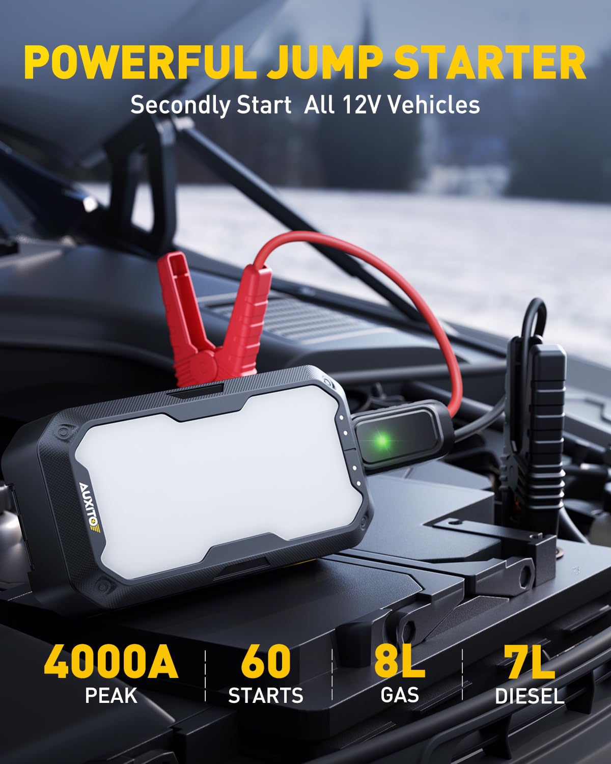 Auxito Portable Jump Starter - 4000A Car Battery Jump Starter(8L Gas/7L Diesel) 2000Lm Camping Light, 12V Jump Box With 4 Modes