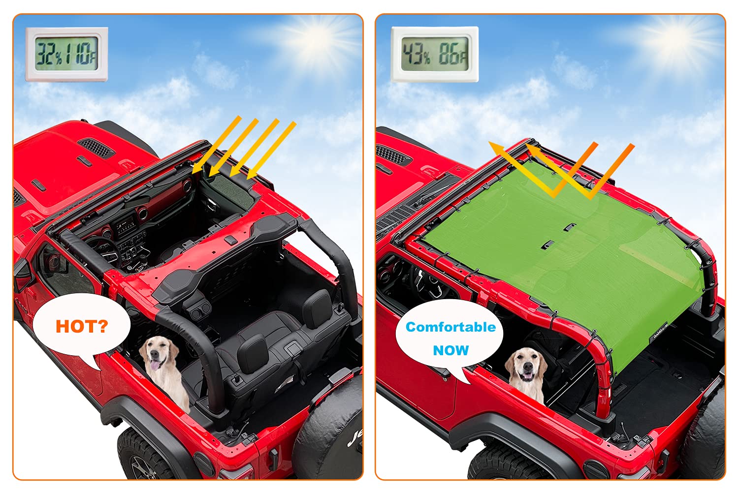 Shadeidea Sunshade Top For Jeep Wrangler Top Sun Shade Jl (2018-2023) 2 Door Sun Shade Front And Rear Trunk - Green Mesh Screen