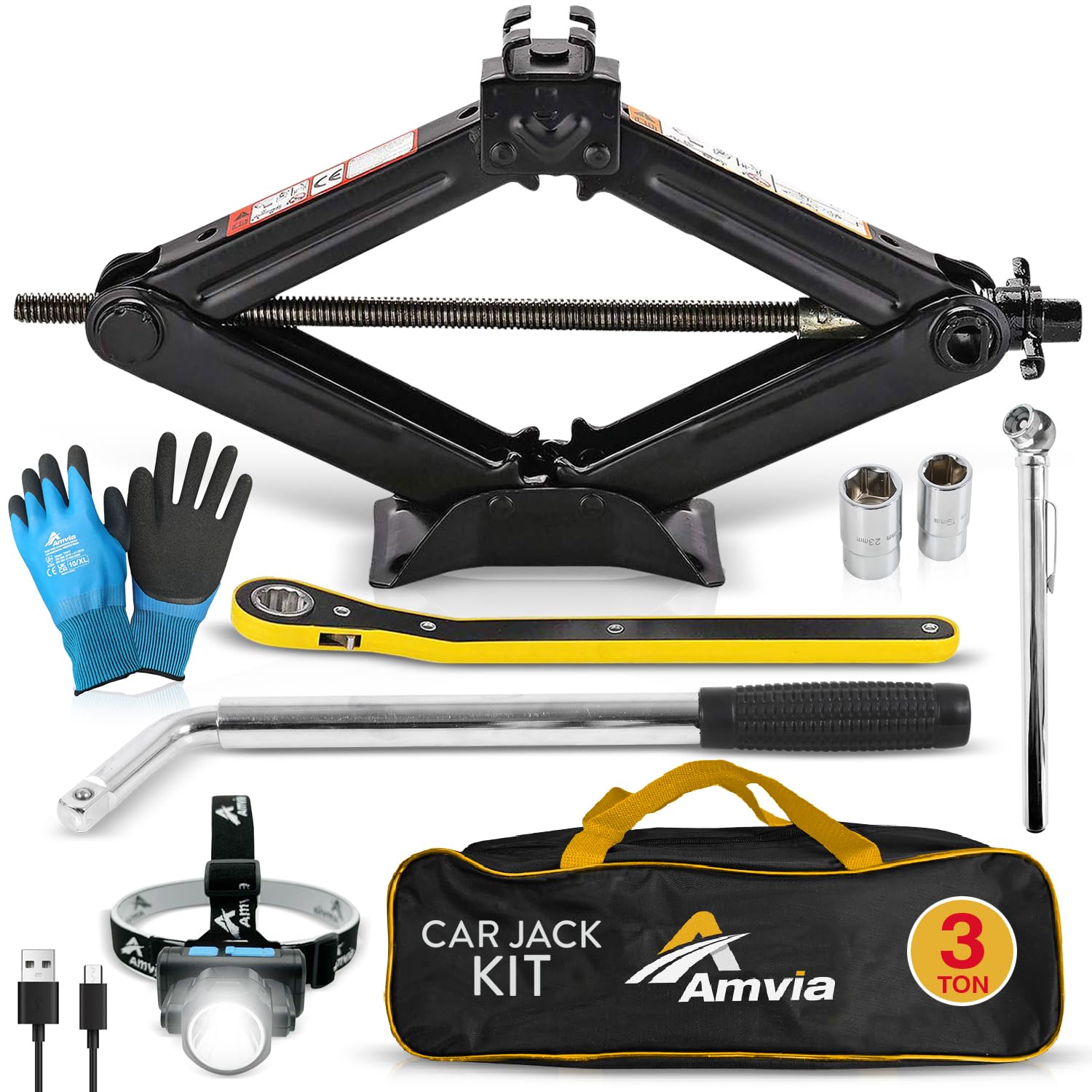 Car Jack Kit | Scissor Jack for Car 3 Ton (6,600 lbs) - Tire Jack Tool Kit | Portable, Ideal for SUV and Auto - Universal Kit wi