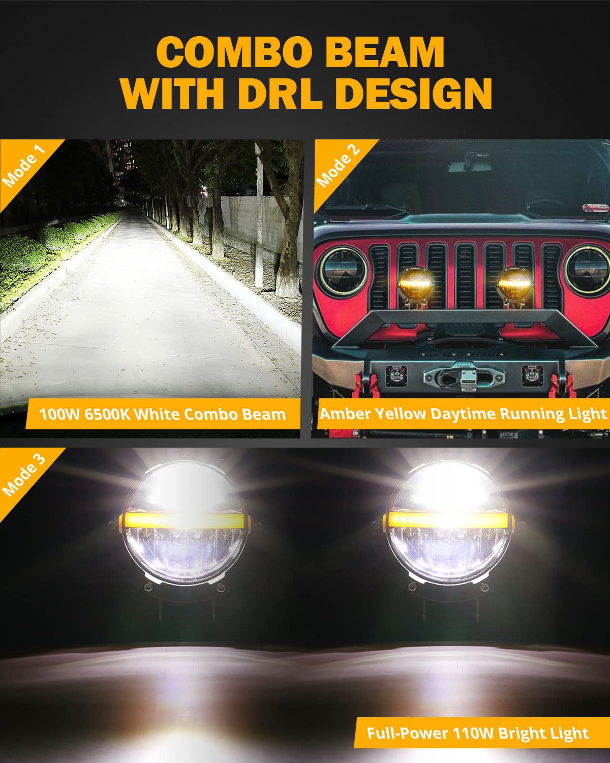 Auxbeam 4 Inch 110W Round Offroad Lights, Amber Drl Design 11000Lm Led Light Pods, Super Bright 7035 Smd Led Work Driving Fog Li