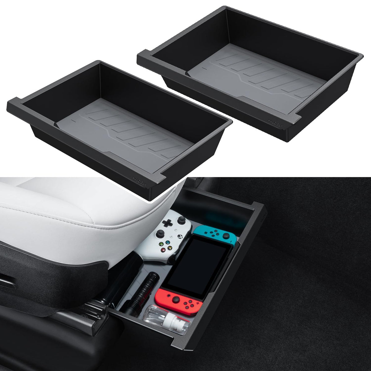 Halo Blk 2 Pack Waterproof Under Seat Storage Box Organizer, Upgraded 2-In-1 Underseat Hidden Tray For Tesla Model Y 2023-2021