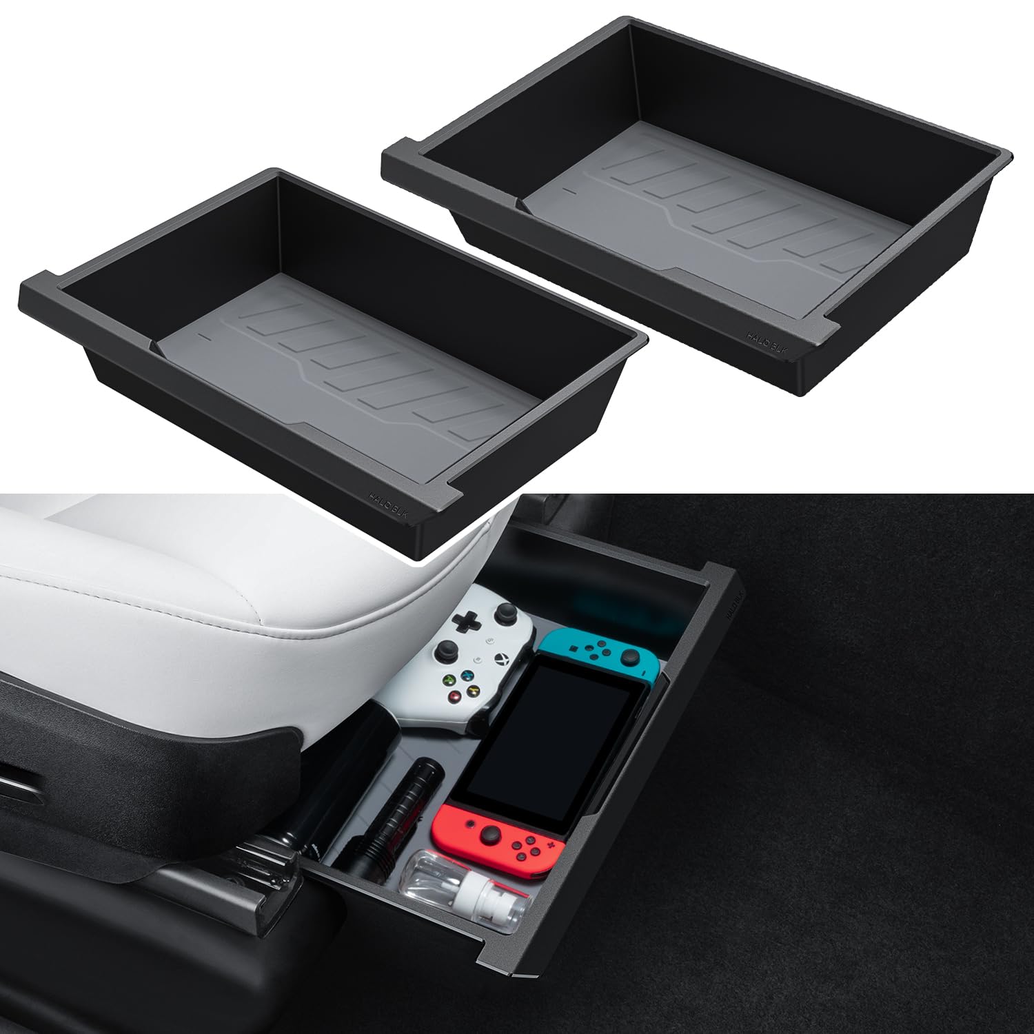 Haloblk 2 Pack Waterproof Model Y Under Seat Storage Box Organizer, Upgraded 2-In-1 Underseat Hidden Tray For Tesla Model Y 2024-2021 [Not Compatible With 2025 New Model Y Refresh]
