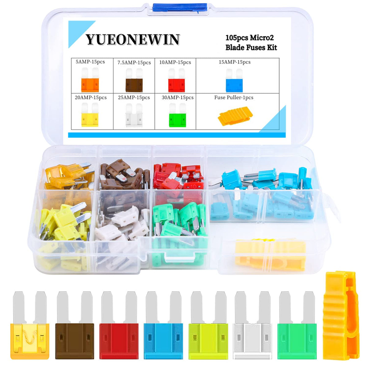 Micro2 Fuses Assortment Kit- 105 Pcs Atr Apt Blade Car Fuses With Fuse Puller, Automotive Replacement Fuses For Car, Boat, Rv, Truck, Suv (5A 7.5A 10A 15A 20A 25A 30Amp)