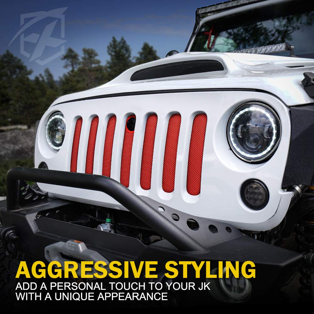 Xprite Red Aluminum Alloy Mesh Grill Insert With Hood Lock Hole Compatible With 2007-2018 Jeep Wrangler Jk Jku Stock Grille