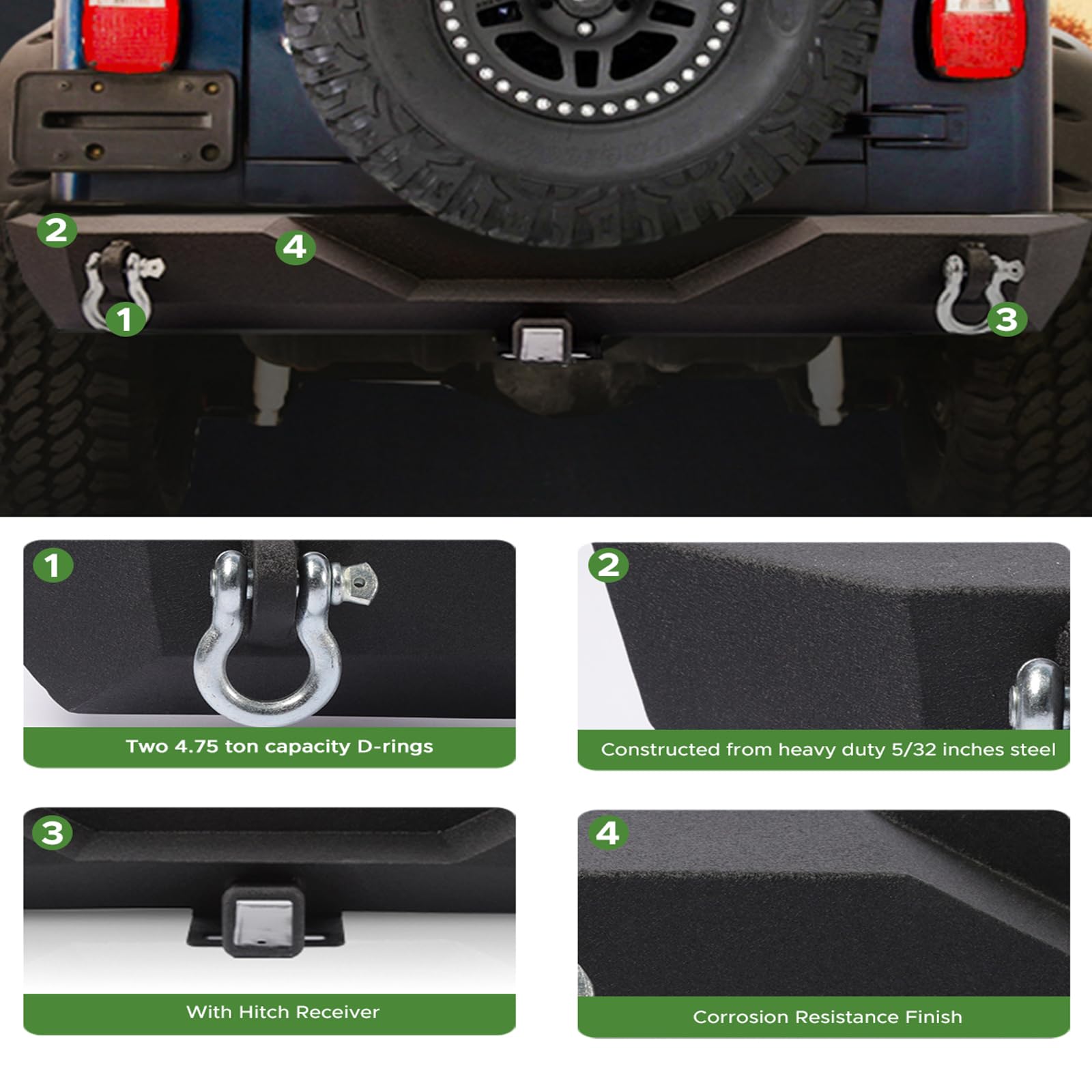 Partree Offroad Front and Rear Bumpers Compatible with Jeep Wrangler TJ YJ 1987-2006, with Winch Plate 2'' Hitch Receiver D-Ring