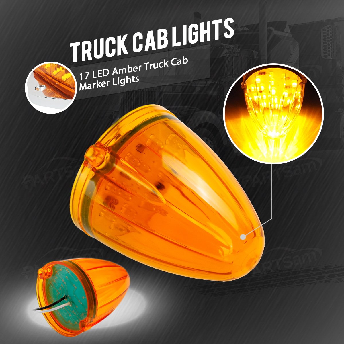 Partsam 5Pcs 17Led Amber Cab Marker Top Roof Running Light Led Light Replacement For Kenworth Peterbilt Freightliner Mack Heavy