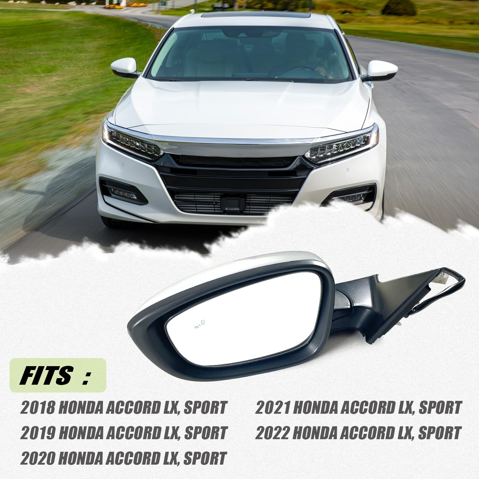 Lqito Left Driver Side Mirror Fits 2018-2022 Honda Accord Lx, Sport With Power Glass, Heated, Blind Spot Detection And Manual Fo