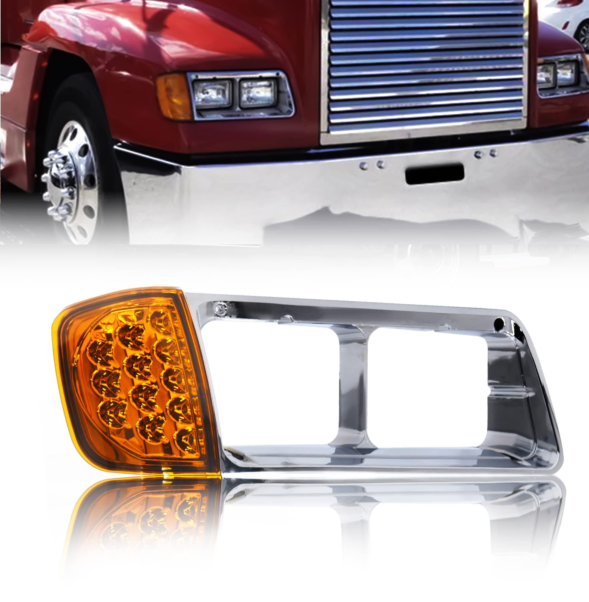Torque Headlight Bezel Passenger Right Side Replacement For 1989-2002 Freightliner Fld Semi Trucks With Amber Led Turn Signal Li
