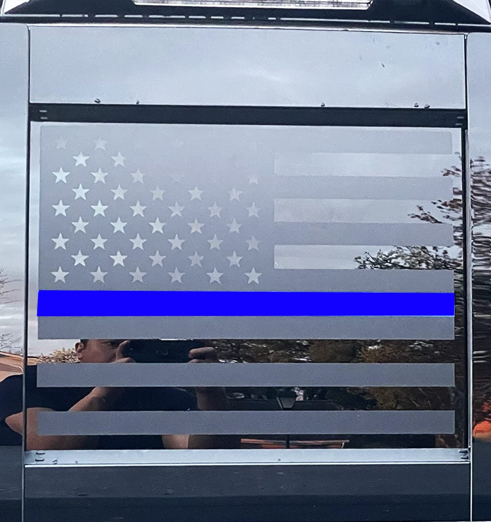 Xinghe For 2019-2025 Chevy Silverado Gmc Sierra, Rear Middle Window Blue Line American Flag Decals Stickers, Matte Black Patriot