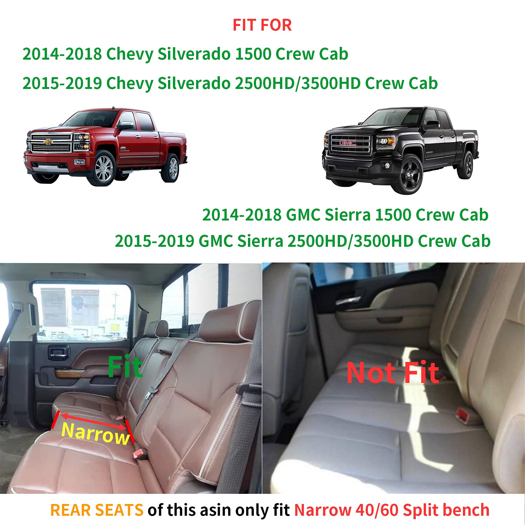 Luckyman Club D04-S2 Silverado Seat Covers, Fit For 2014-2018 Chevy Silverado Gmc Sierra 1500 And 2015-2019 2500Hd 3500Hd Crew Cab With Water Proof Faux Leather(Full Set, Black&Red)