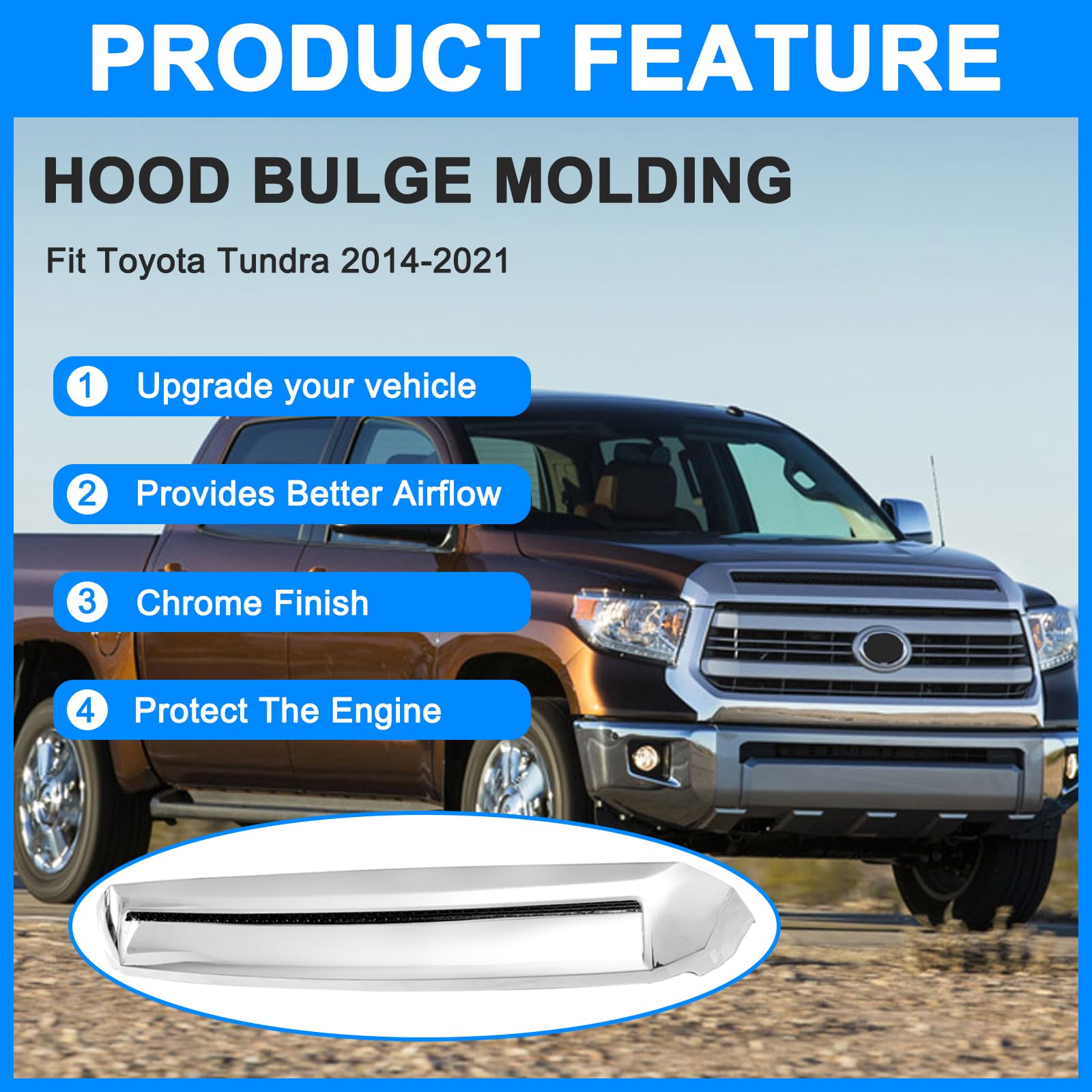 Collect Light Front Upper Hood Bulge Molding Grille Trim for Toyota Tundra 2014-2021, Chrome, Plastic, Grille Hood Scoop