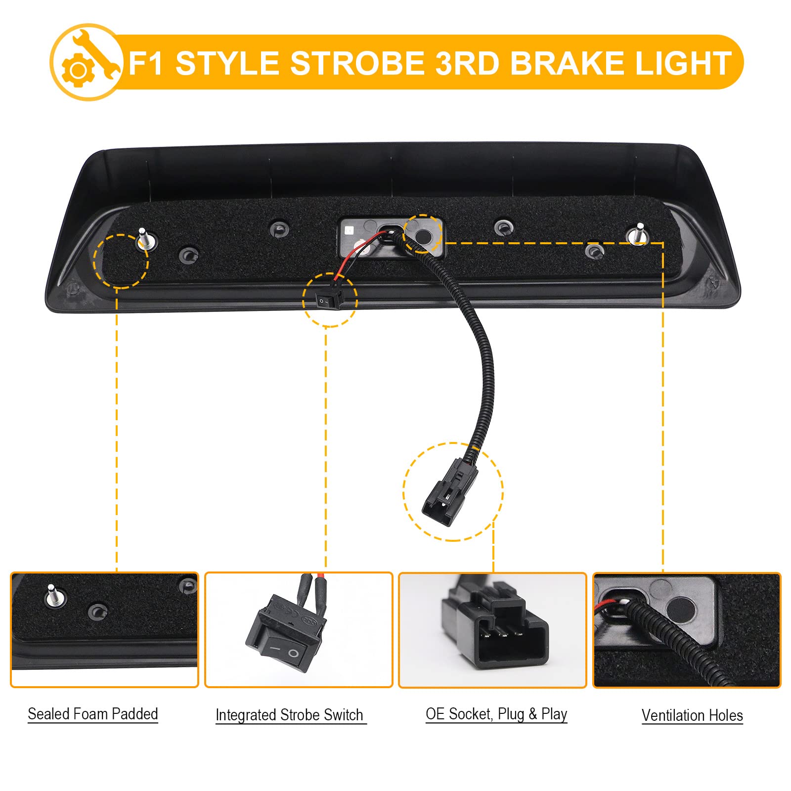 R&F Auto F1 Style Strobe Led Smoked Lens Third Brake Light Replacement For Tundra 2007-2021 Roof Cargo Light Pickup Trucks Chmsl Center High Mount Stop Lamp, Replace Oem# 81570-0C050, 81570-0C051