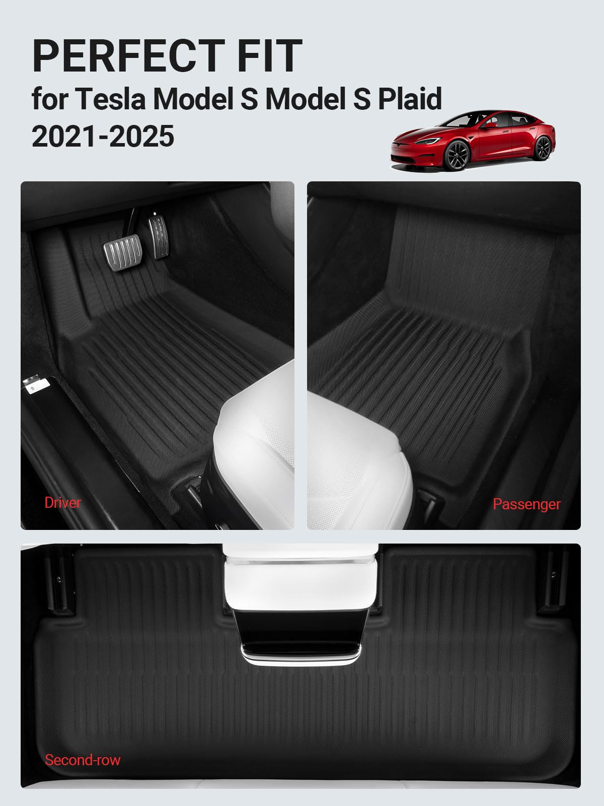 Basenor 7Pcs Floor Mats For Tesla Model S Model S Plaid 3D Material Cargo Liners All-Weather Car Mats Anti-Slip Trunk Mat Model