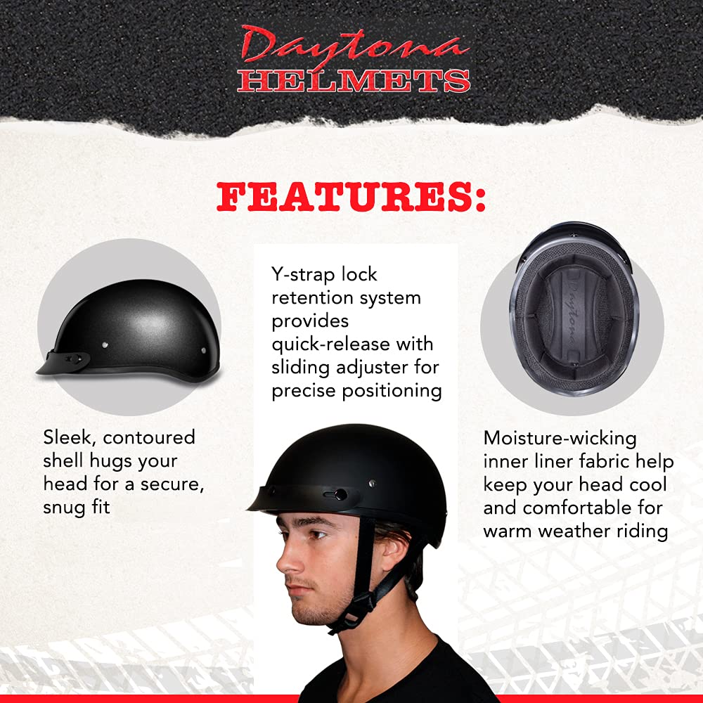 Daytona Helmets Motorcycle Half Helmet Skull Cap- Gun Metal Grey Metallic W/Visor 100% Dot Approved