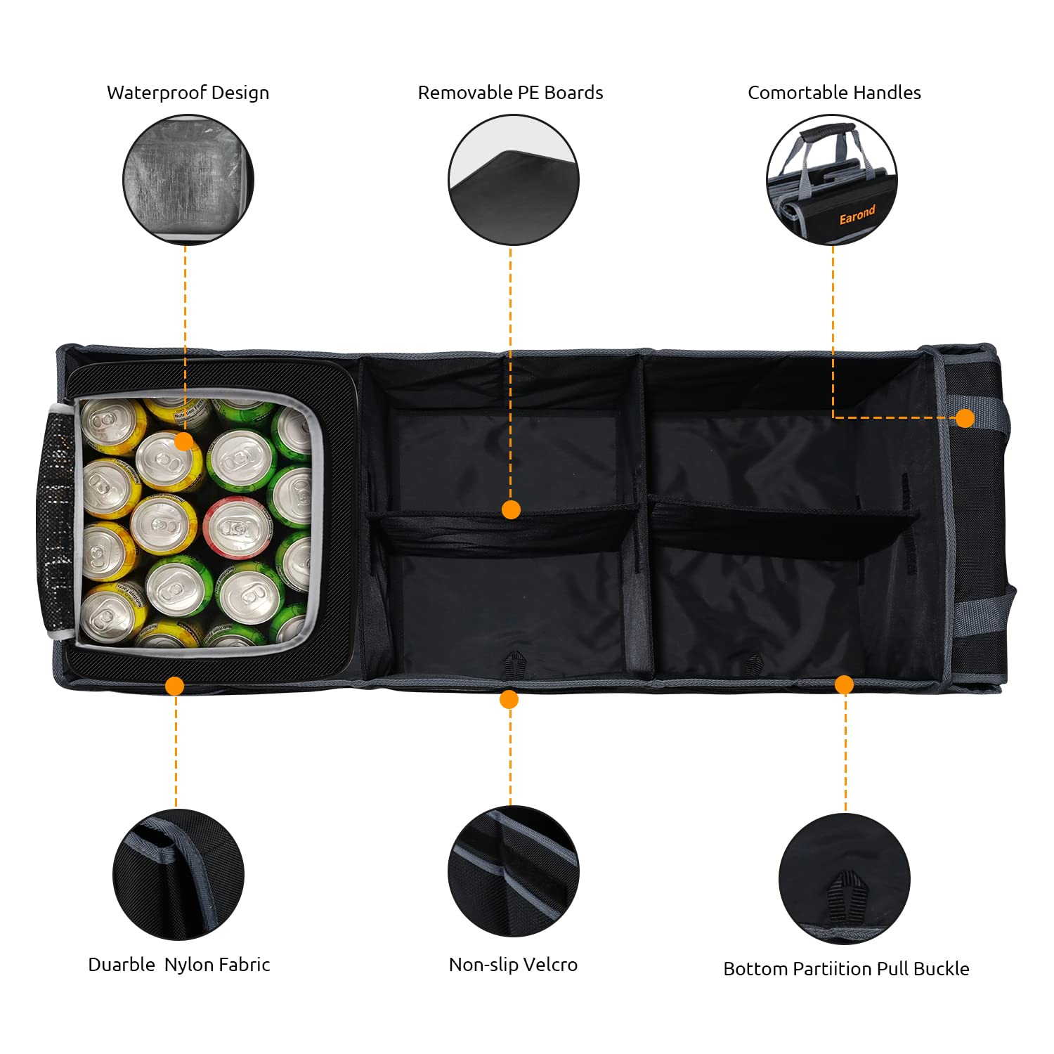 Earond Collapsible Trunk Organizer With Insulated Leakproof Cooler Bag,Removable Lid,Adjustable Securing Straps,3 Compartments T
