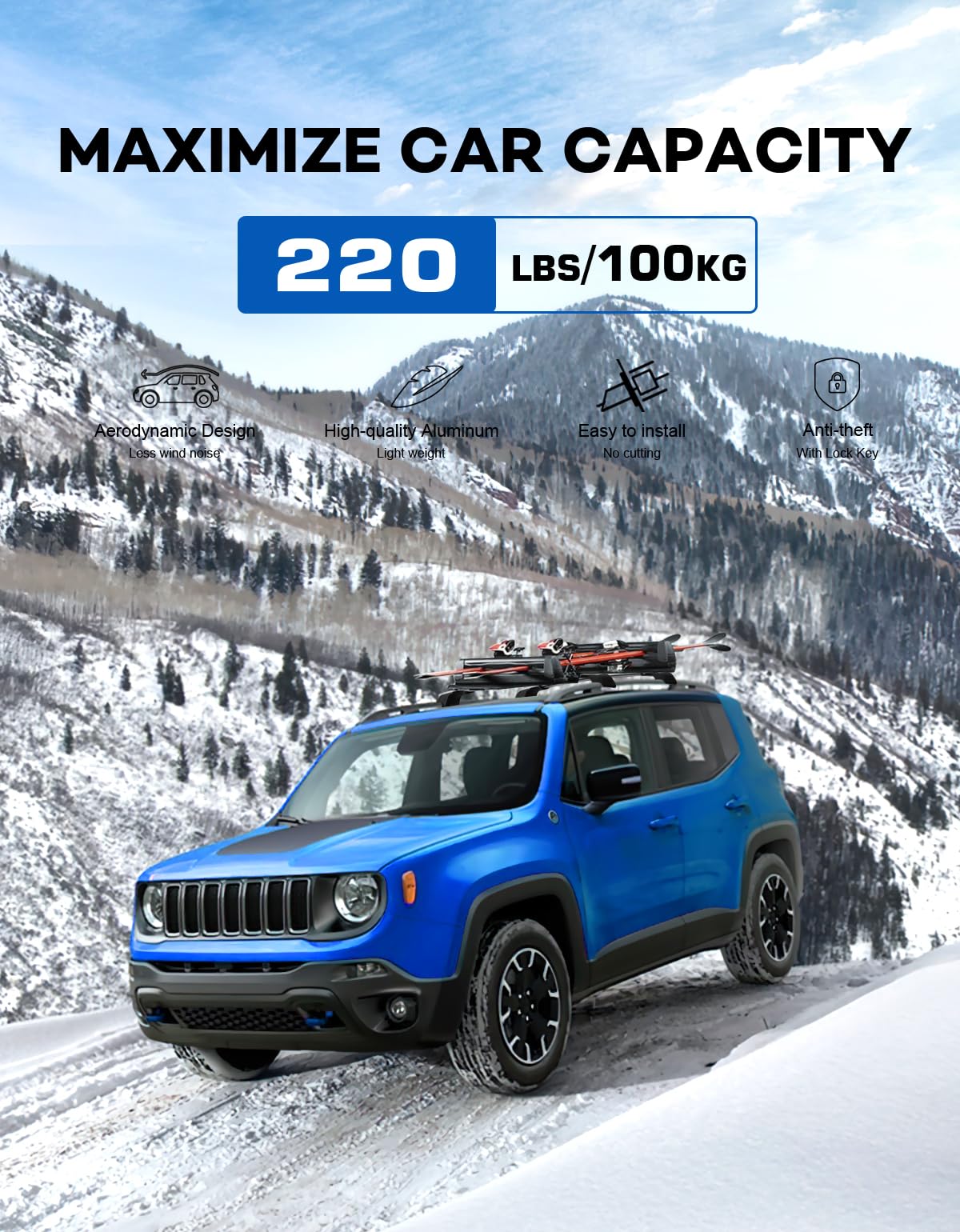 Wonderdriver Lockable Roof Rack Cross Bars 220lbs Compatible with 2015-2024 Jeep Renegade (with Raised Side Rails), Heavy Duty A