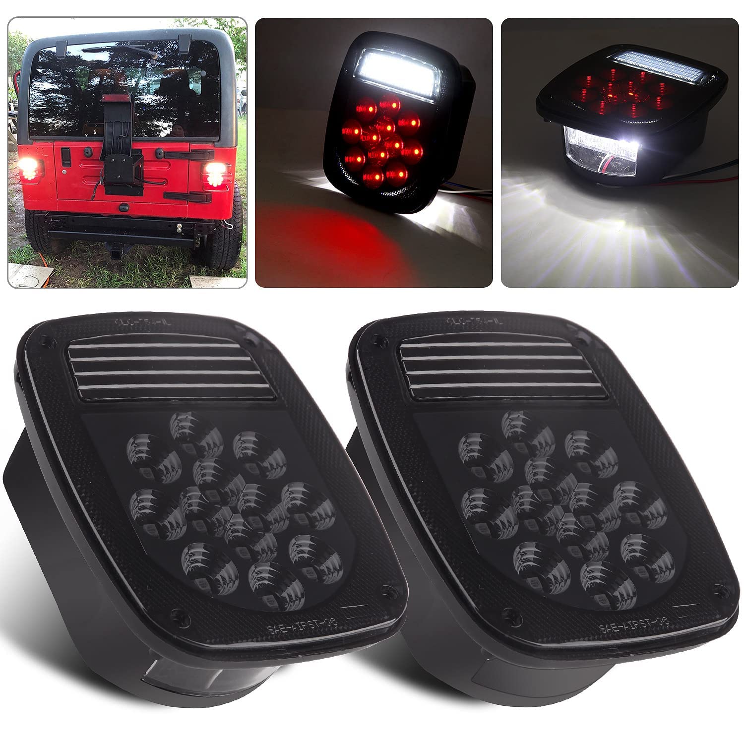 2Pcs Smoked Universal Rear Square Combination 39 Led Signal Tail Lights W/License Plate And Backup Reverse Lights Flatbed Trucks
