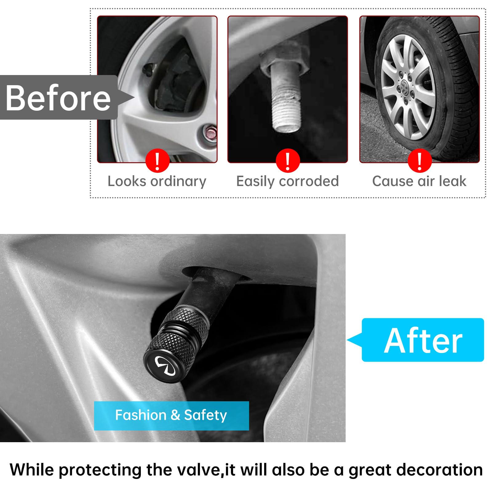 AiGMY Metal Tire Valve Stem Caps for Infiniti Q50 FX35 FX37 - Black, 4 Pcs, Durable Accessories