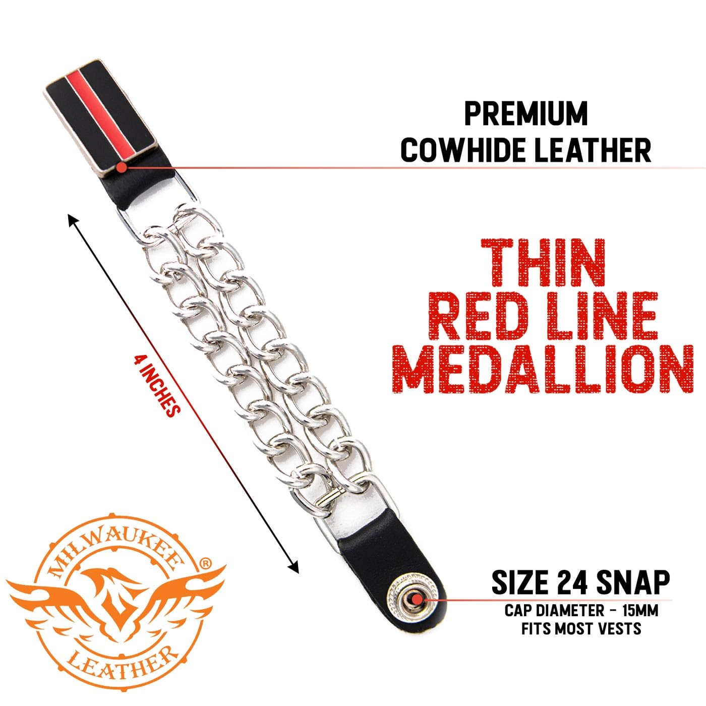 Milwaukee Leather Thin Red Line Medallion Vest Extender - Double Chrome Chains Genuine Leather 6.5 Extension 4-PCS MLA6028SET