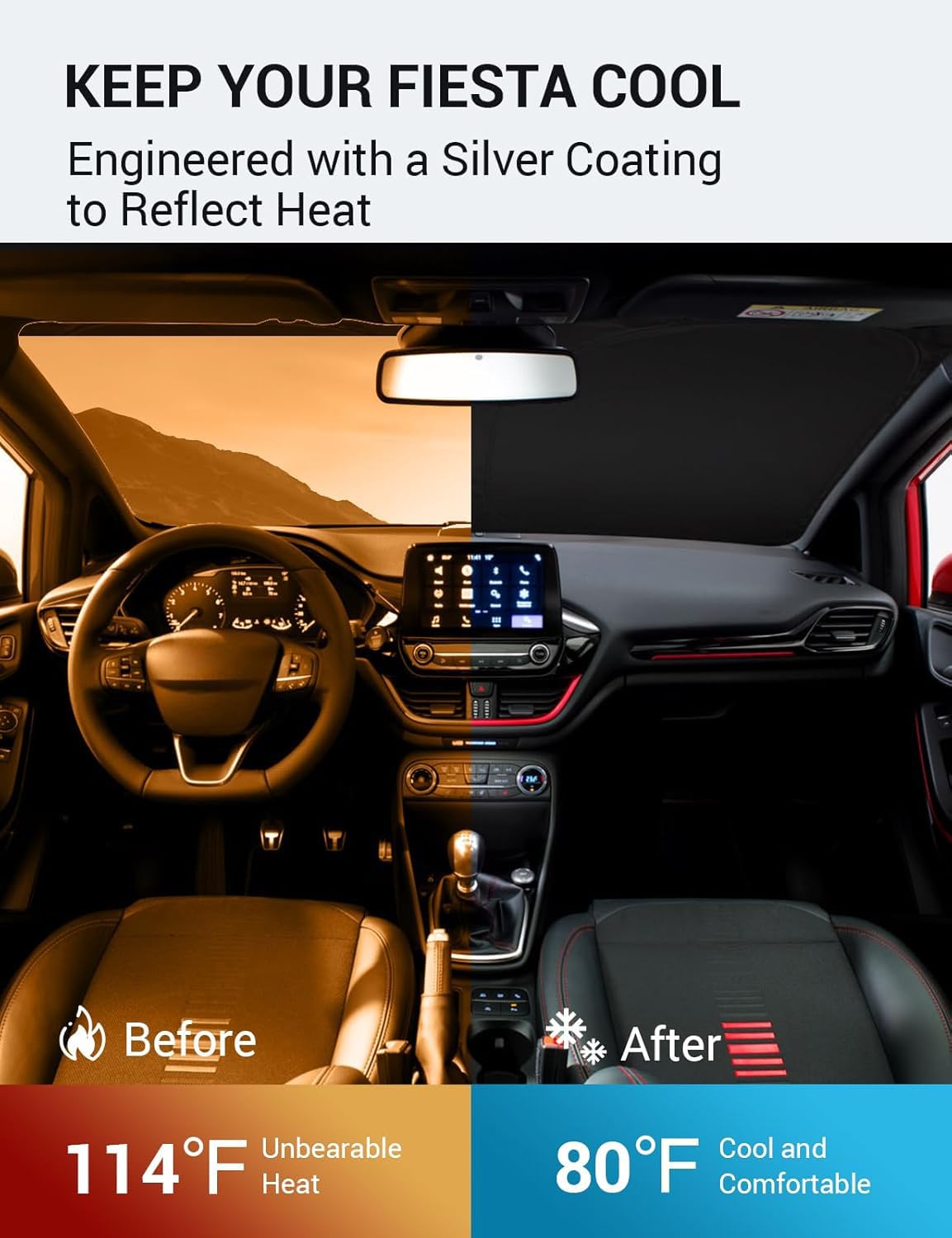 Proadsy 2025 Upgrade Windshield Sun Shade Custom Fit Ford Fiesta 2017-2023 4-Layer Foldable Front Sunshade Protector Sun Visor B