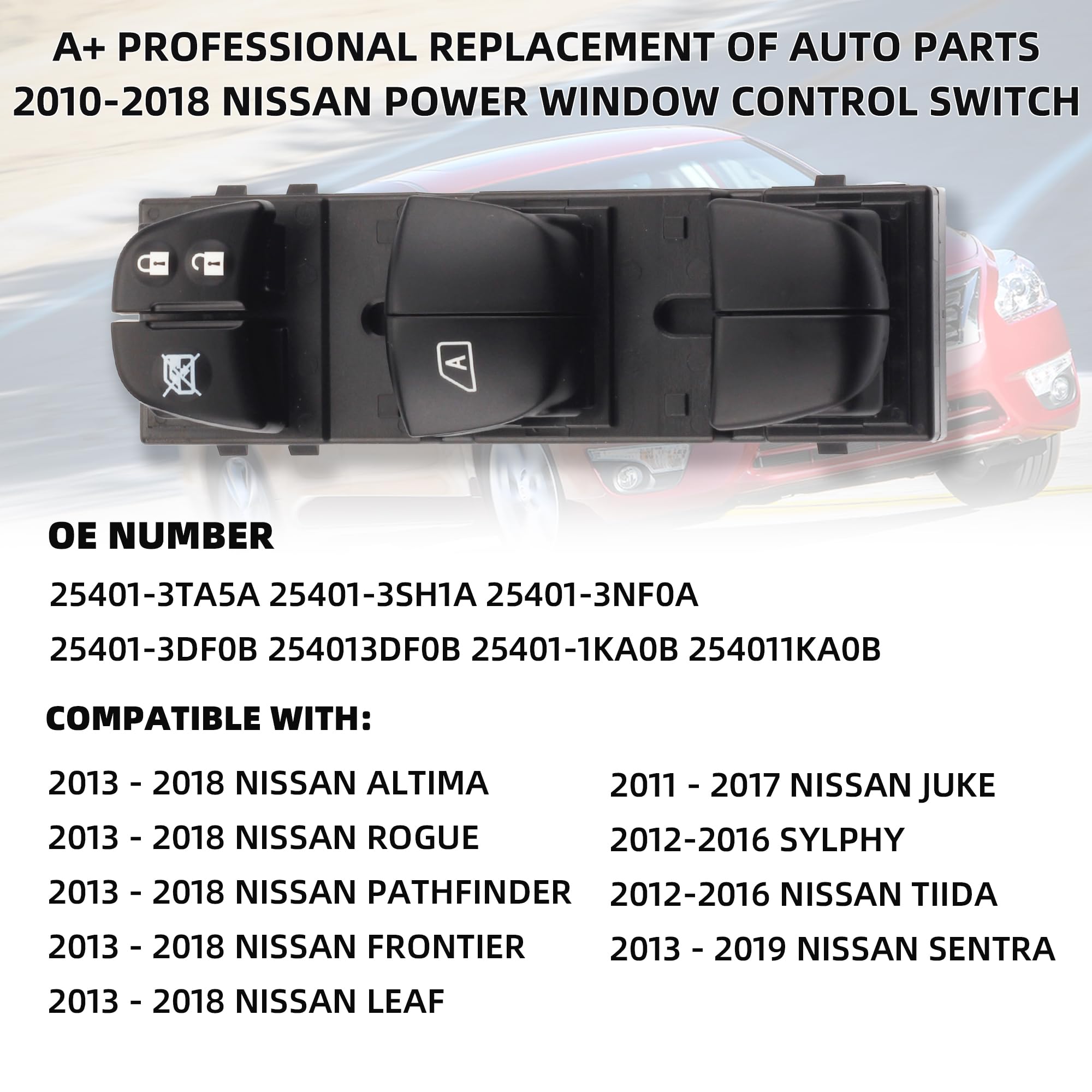Dasbecan Driver Side Master Power Window Switch Compatible With Nissan Pathfinder/Altima/Frontier/Leaf/Juke 2010-2018 Door Main Control Button Replaces# 25401-3Ta5A 25401-1Ka0B 25401-3Sh1A