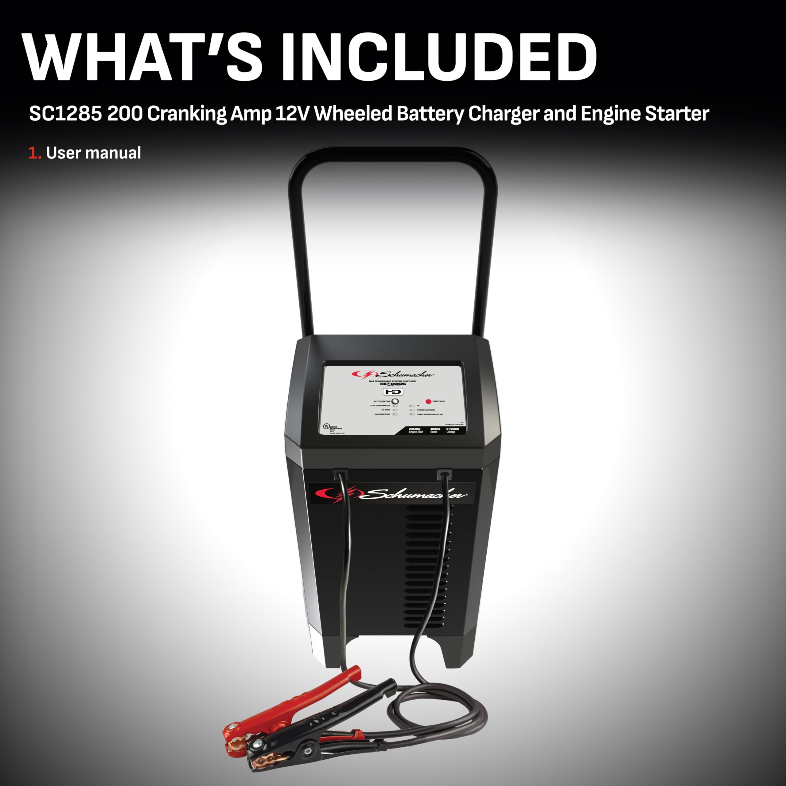 Schumacher Electric Fully Automatic Wheeled Battery Charger And Engine Starter, 4-In-1, Sc1285 200 Cranking Amps, 12 Volts, For Car, Suv, Truck, And Boat Batteries