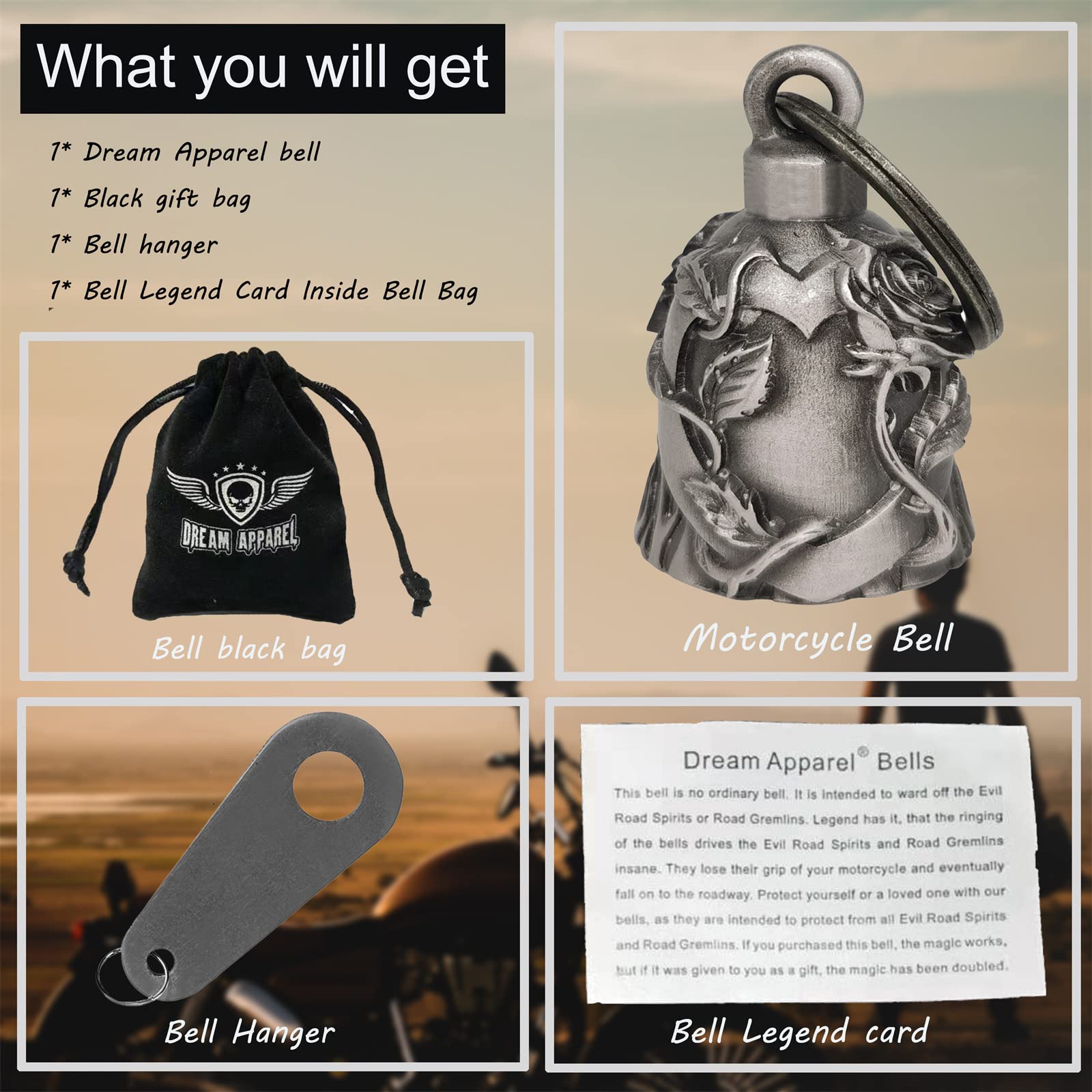 Dream Apparel Motorcycle Ride Bell For Bikers,Heavy Spirit Bells Accessory And Key Chain For Luck (Dbl16-L Heart Rose)