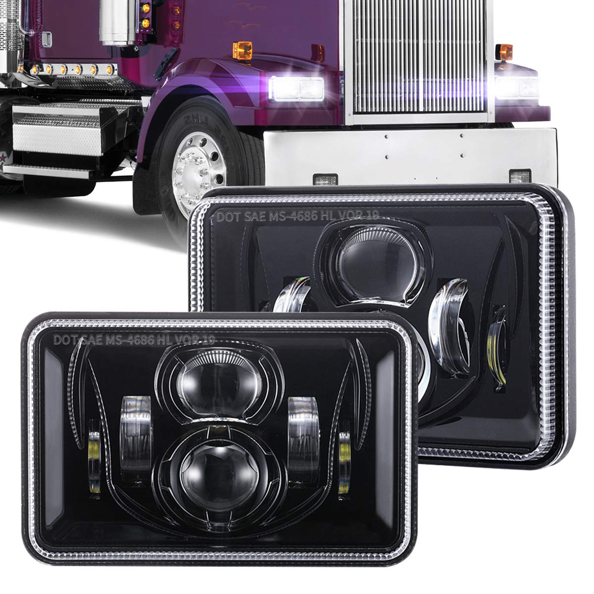 Bicyaco 1 Pair 4X6 Inch Led Headlights 60W High Low Beam H4651 H4652 H4656 H4666 H6545 Projector Lens For Peterbilt Kenworth Fre