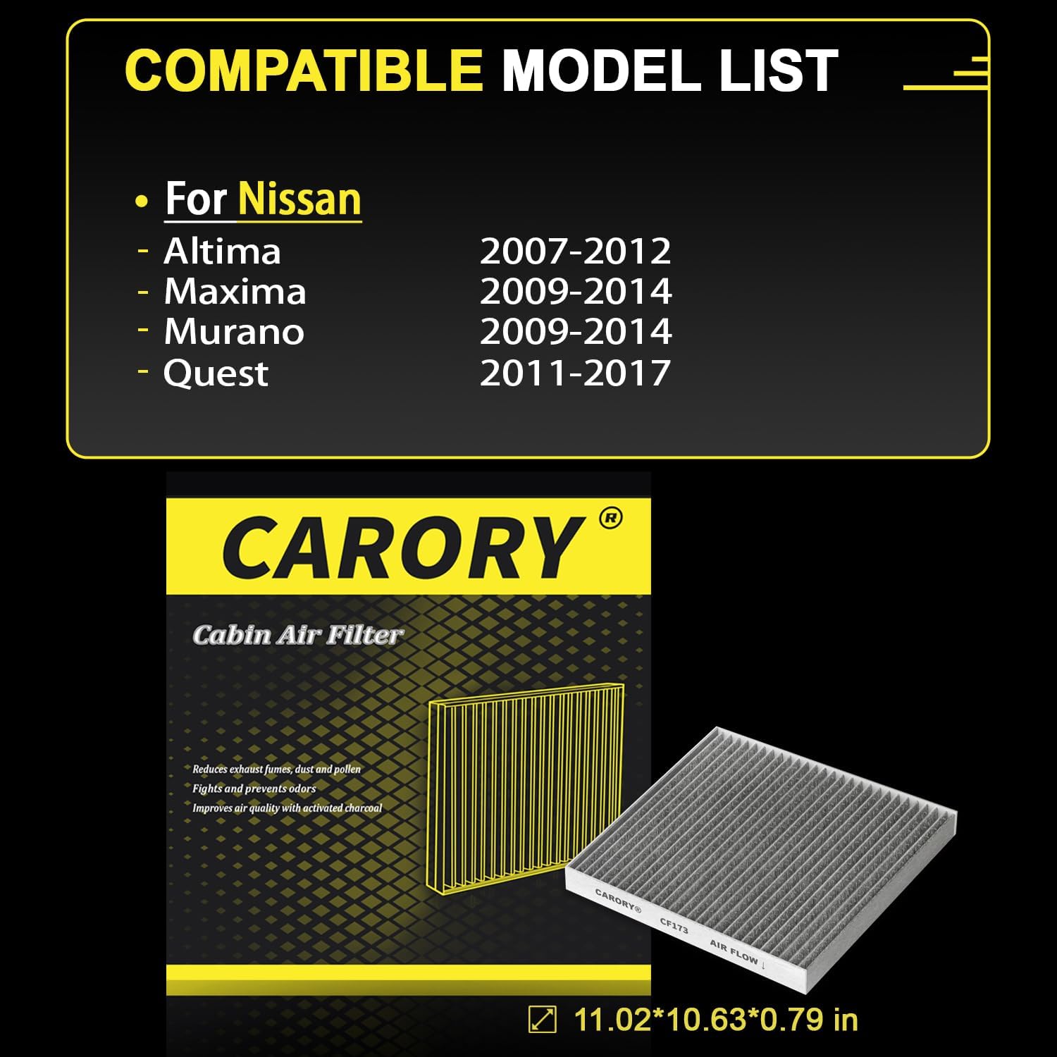 CARORY Cabin Air Filter w/Activated Carbon for 2007-2012 Nissan Altima, 2009-2014 Murano, 2009-2014 Maxima, 2011-2017 Quest, 272