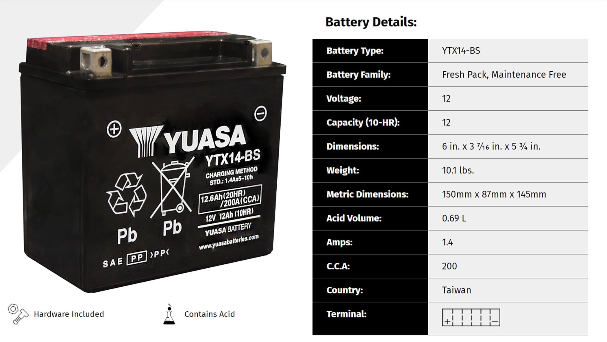 Yuasa Ytx14-Bs Battery For Honda Fl 400 R Pilot 1989-90