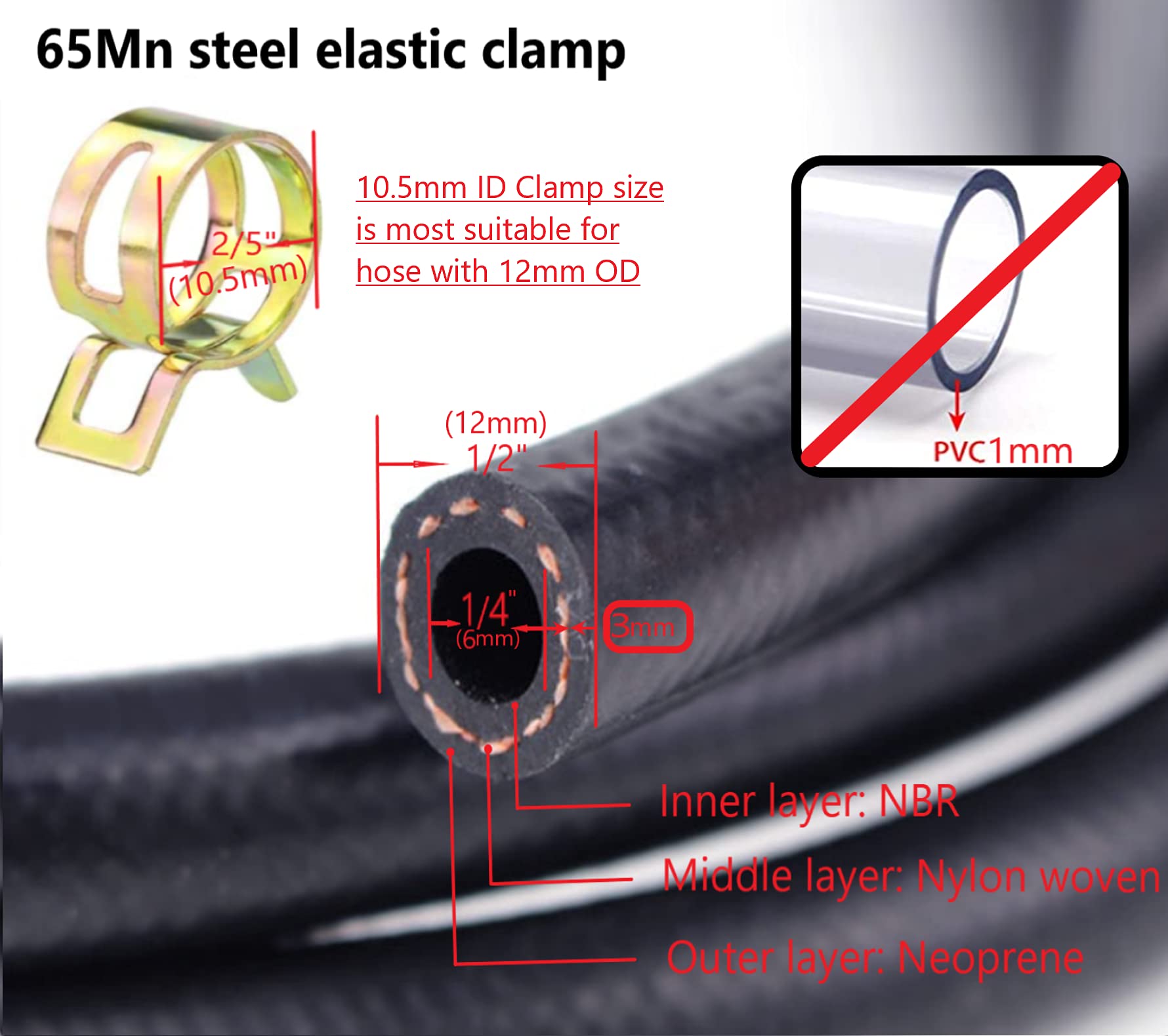 New Dafu 1/4 Inch 6Mm Id Nbr Nylon Braided Fuel Line Set,5 Ft+6 Pcs 2/5 Inch Id Hose Clamps,For Motorcycle Kawasaki Kohler Brigg