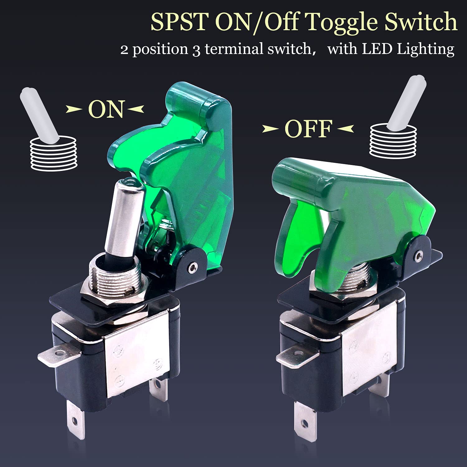 Twidec/3Pcs Rocker Toggle Switch 12V 20A Heavy Duty Racing Car Automotive Auto Spst On/Off Toggle Switch Green Led Light Illuminated 3Pin With Green Waterproof Safety Cover Asw-07Dggmz