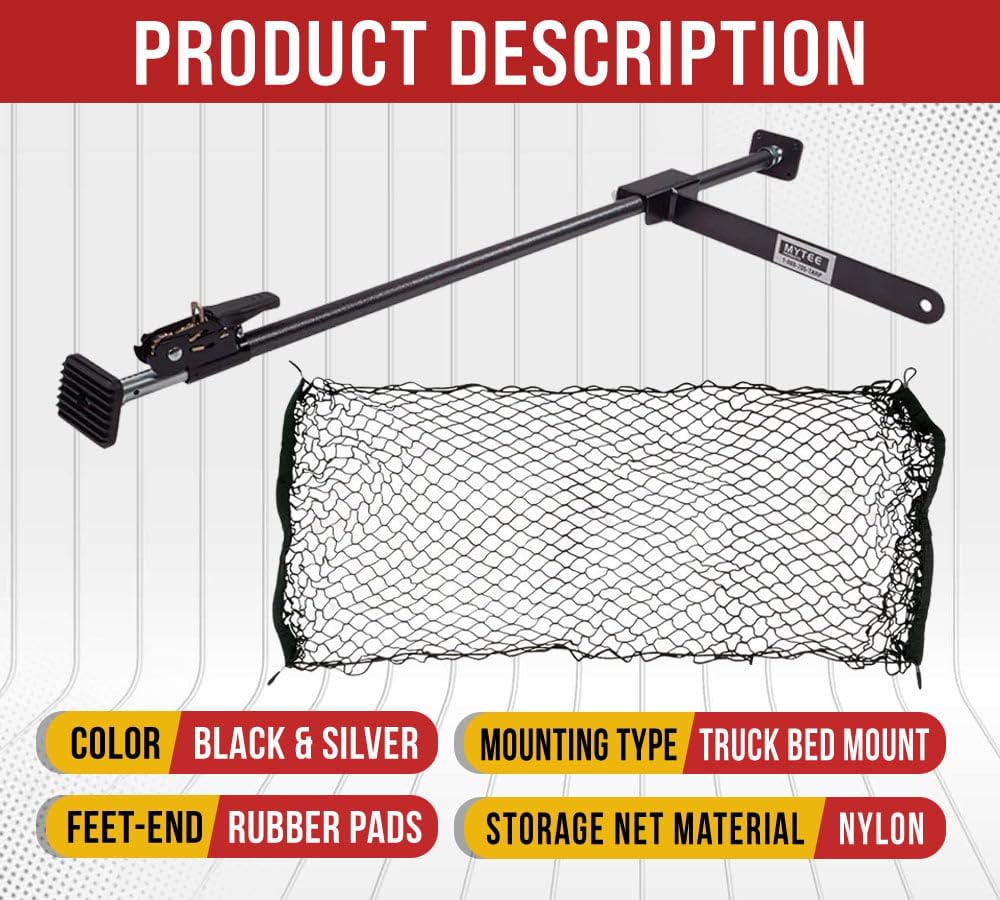 Mytee Products 40''-70'' Adjustable Heavy Duty Cargo Load Lock Bar W/ 16'' Divider Bar & Storage Net For Cargo Tie-Down, Pickup