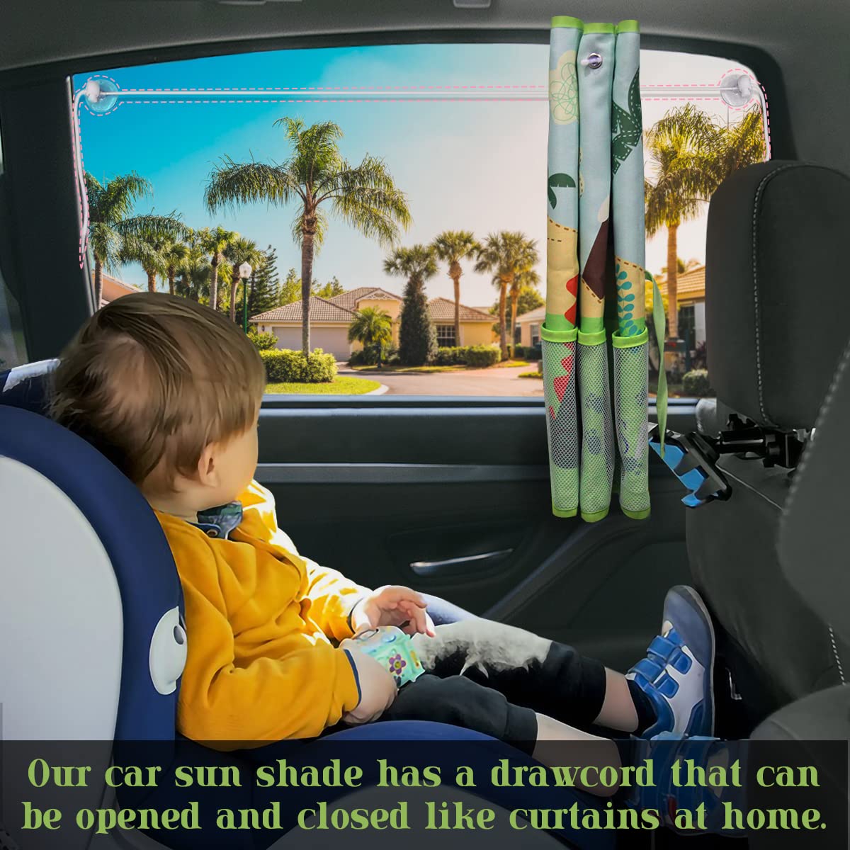 Diza100 Car Window Shade For Baby, 2 Pack Car Sun Shades With Storage Pockets Car Window Curtain 7 Suction Cups Dinosaurs Patter