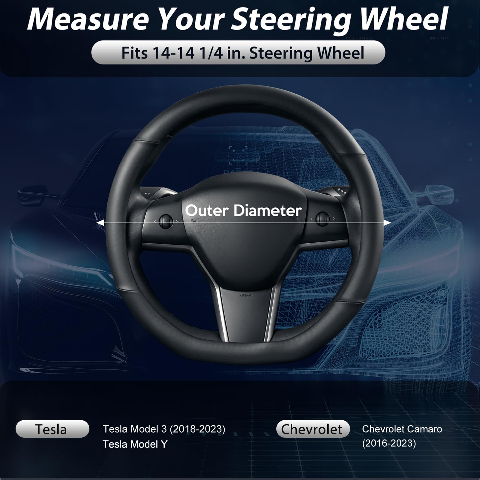 Seg Direct Flat Bottom Steering Wheel Cover, D Shaped Car Wheel Cover 14-14 1/4 In. (35.5-36 Cm), For Tesla Model 3 / Y, For Camaro, Black Microfiber Leather