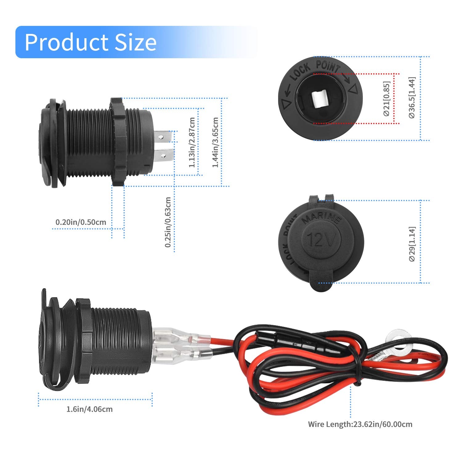 12V Car Cigarette Lighter Socket Waterproof And Dustproof Plug Socket For Car Truck Motobike Boats Marine Atv, With Fuse & 60Cm Cable (Black-1Pcs)