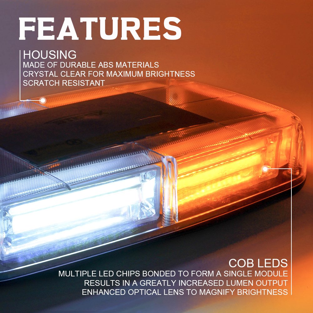 Xprite Cob Led White Amber/Yellow Roof Top Warning Strobe Light 19 Flash Modes W/Magnetic Base Mini Beacon Lights Bar For 12V Ha
