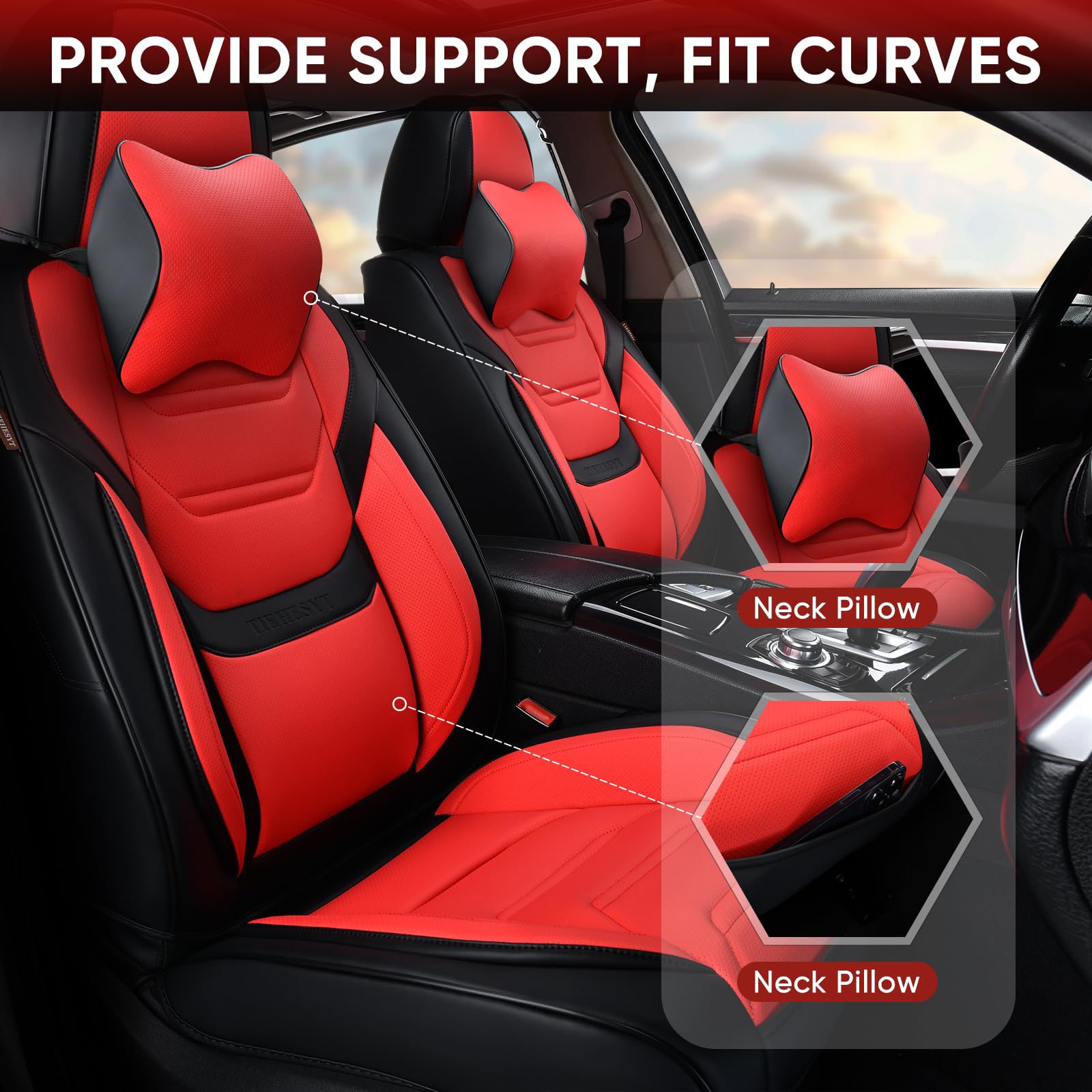 Tiehesyt Car Seat Covers Full Set, Breathable Leather Automotive Front And Rear Seat Covers & Headrest For Reduce The Driving Fa