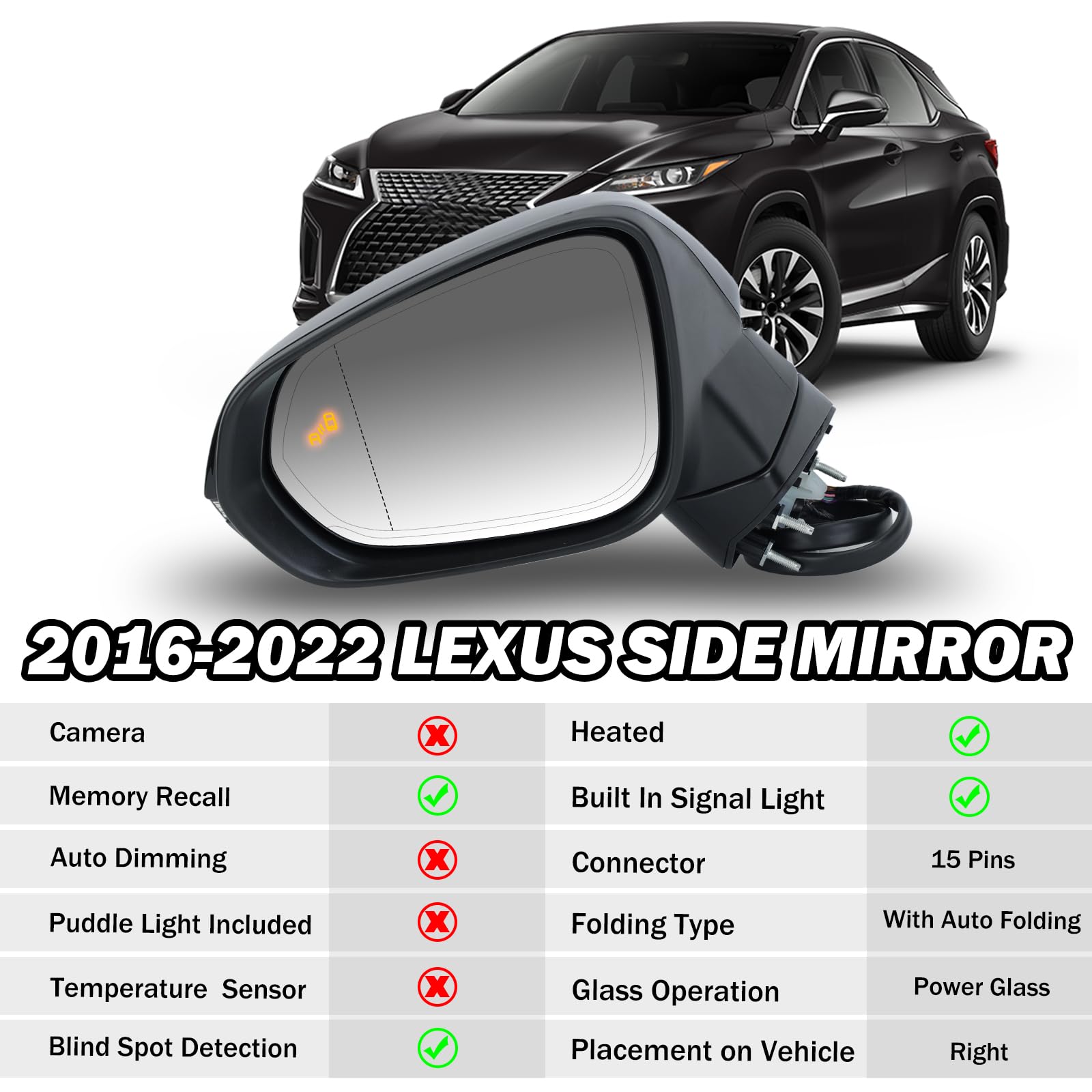 MOFOAP Left Driver Side Mirror For 2016-2022 Lexus RX350 2018-2022 RX350L RX450h RX450hL Mirrors with Blind Spot Indicator,Heate