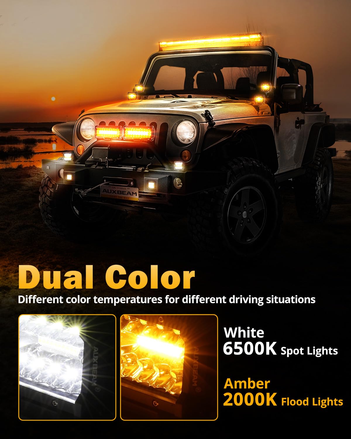 Auxbeam 6 Modes Amber White Series, 4 Packs Led Pod Lights Flash Strobe Warning Multi-Function, 4'' 240W Spot Flood Combo Led Of