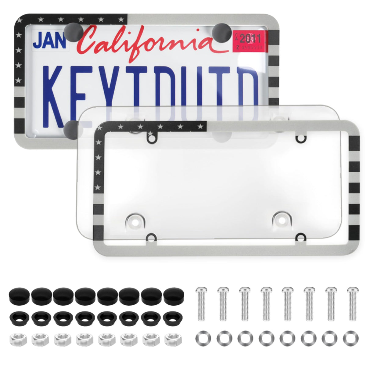 Keyiduid License Plate Cover with Frame, 2 Pack US Flag Gloss Patriotic Car Plate Frame Covers with Free Screws Fasteners CapsCa